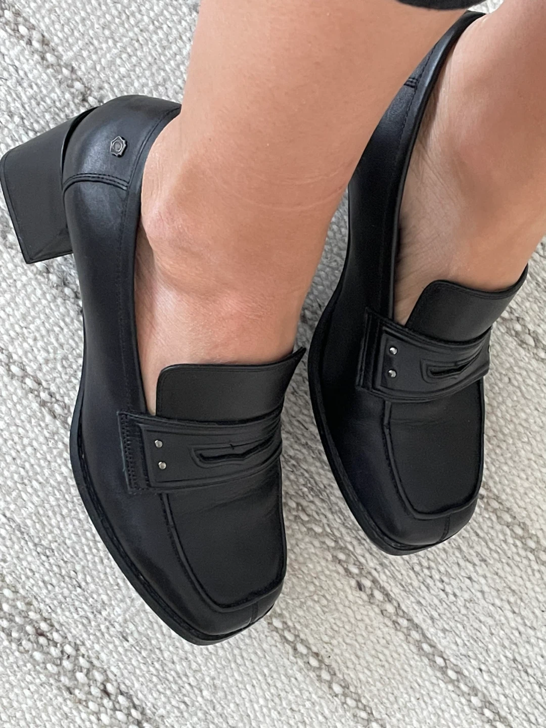 Carmela Leather Black Block Heel Loafers