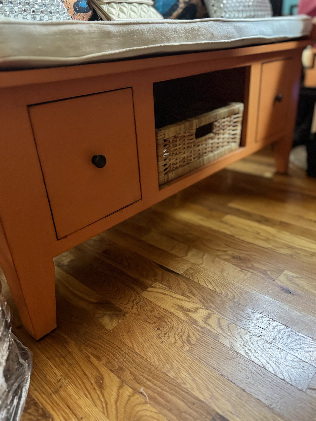 Orange Storage Bench with Cushioned Seat