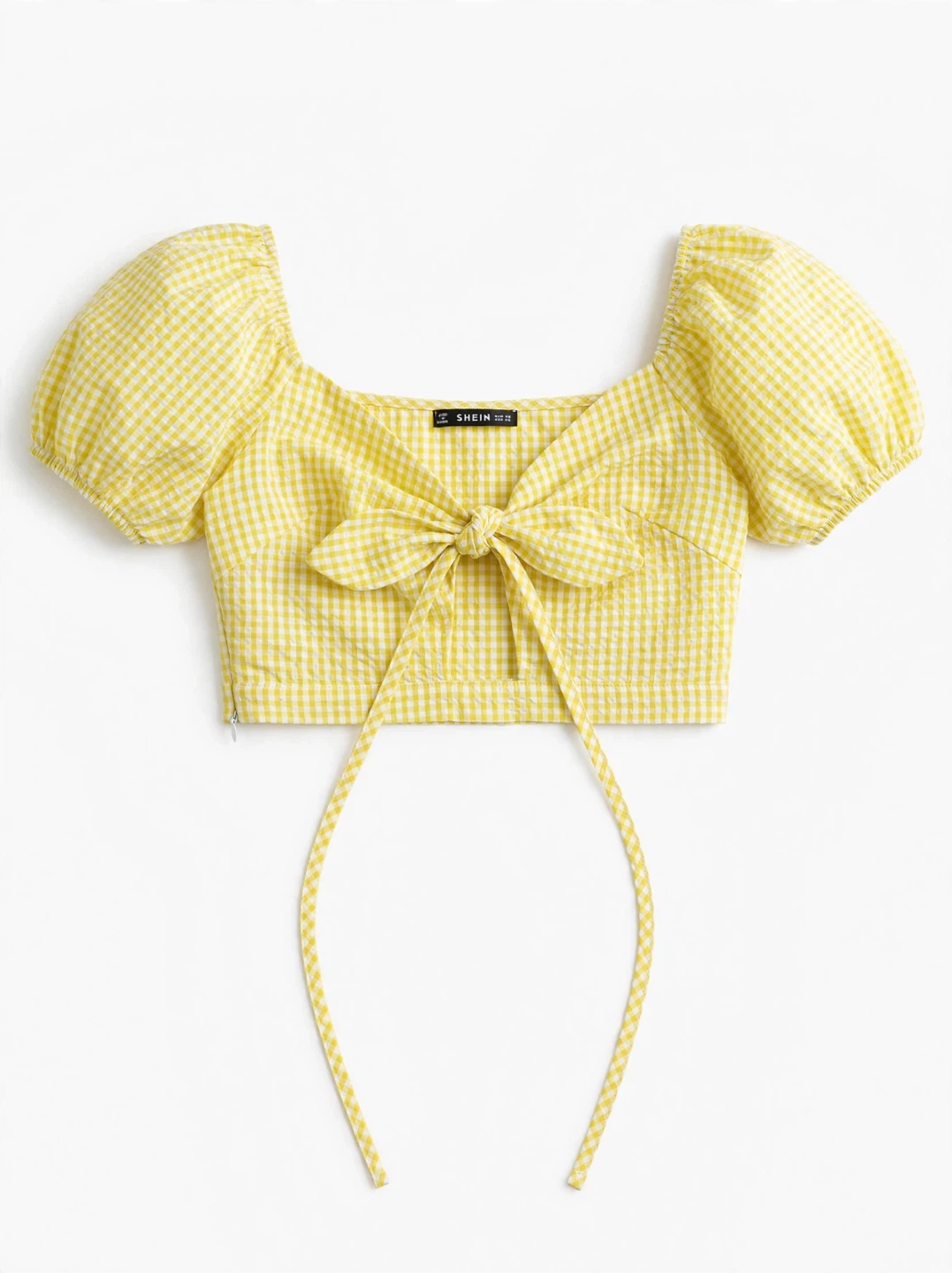 SHEIN Yellow Gingham Puff Sleeve Crop Top