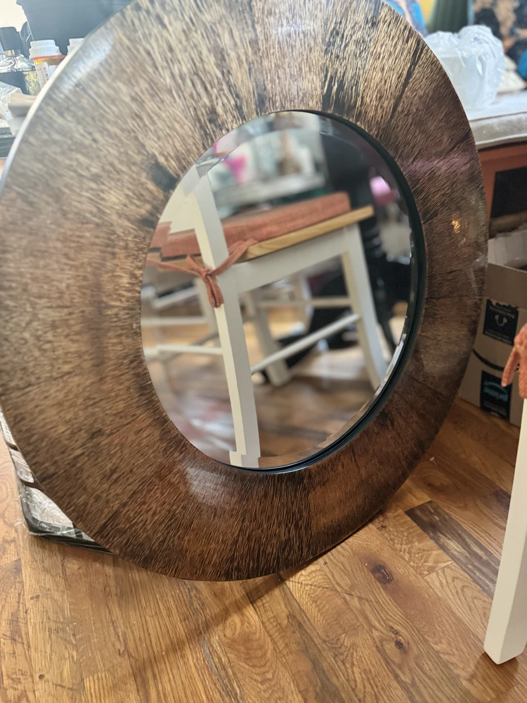 Round Wall Mirror with Faux Wood Frame - photo 2