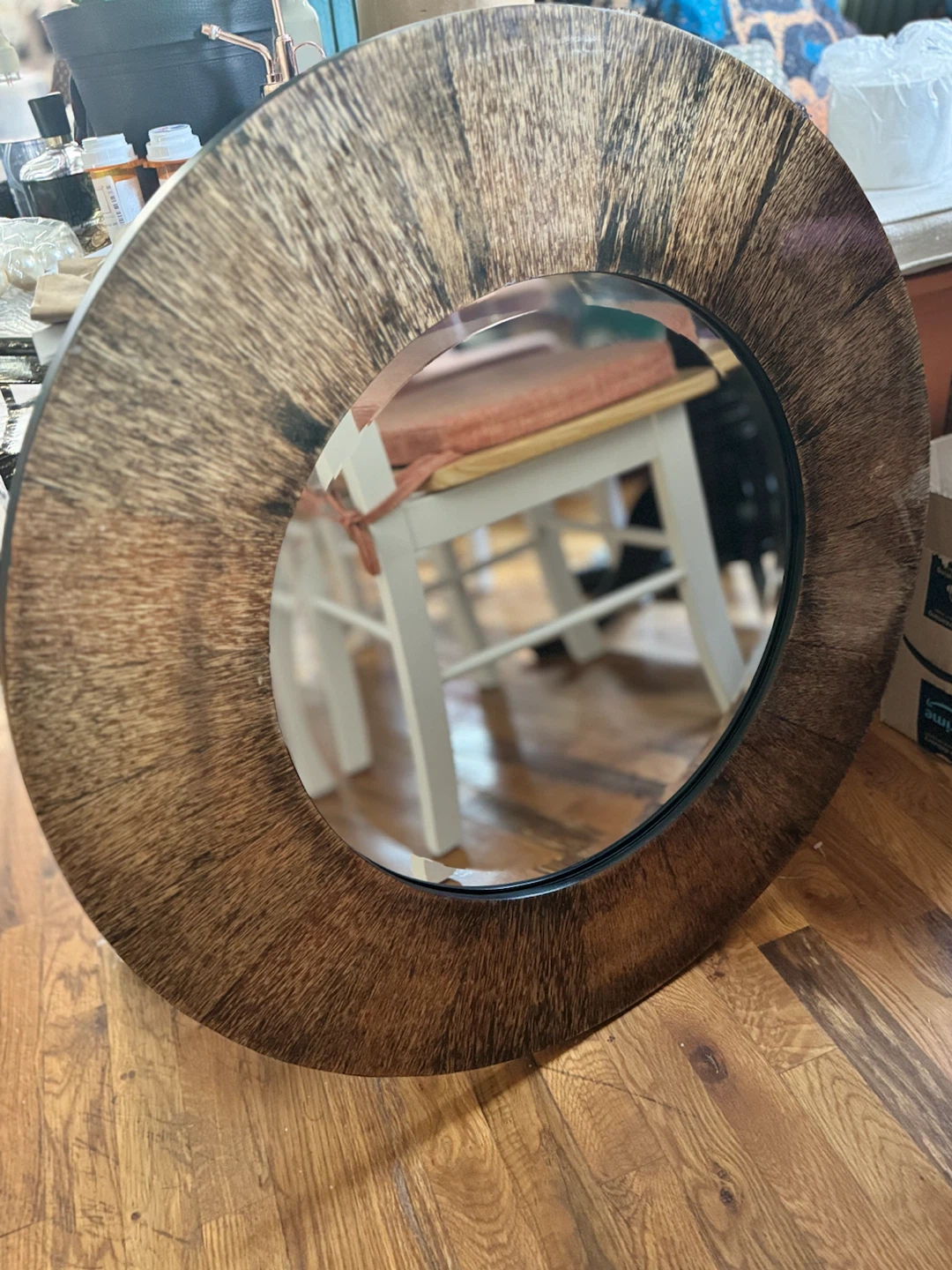 Round Wall Mirror with Faux Wood Frame