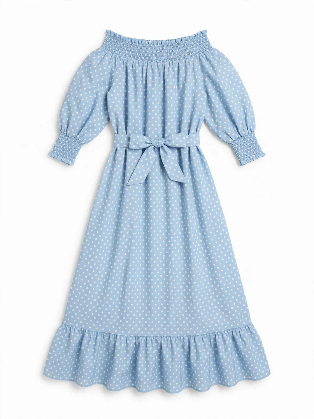 Blue Polka Dot Off-Shoulder Dress