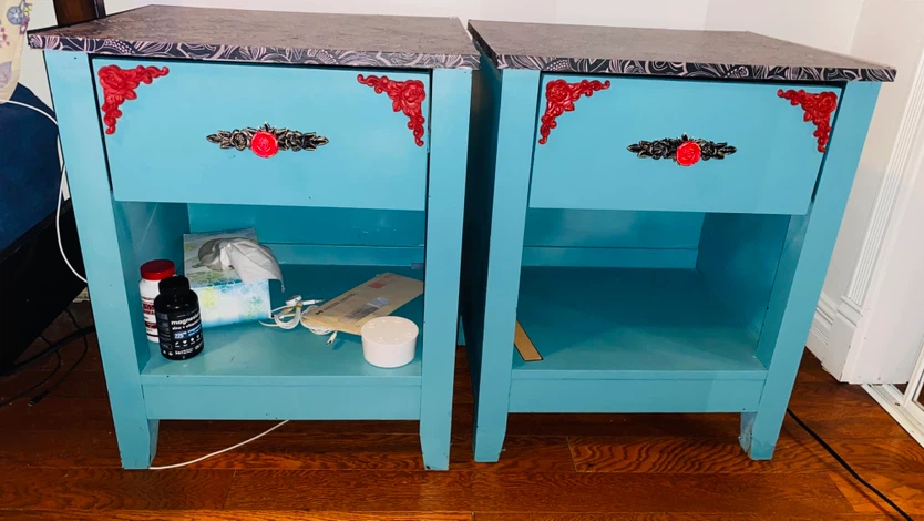 Set of Two Upcycled Turquoise Nightstands