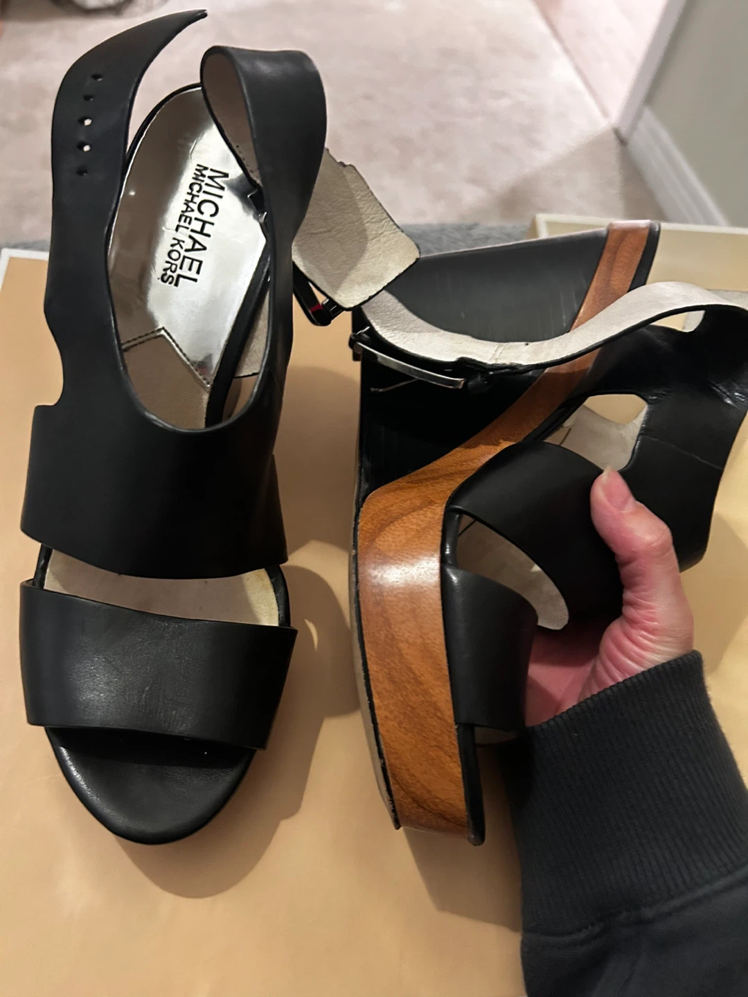 Michael Kors Black Leather Wedge Sandals - photo 3