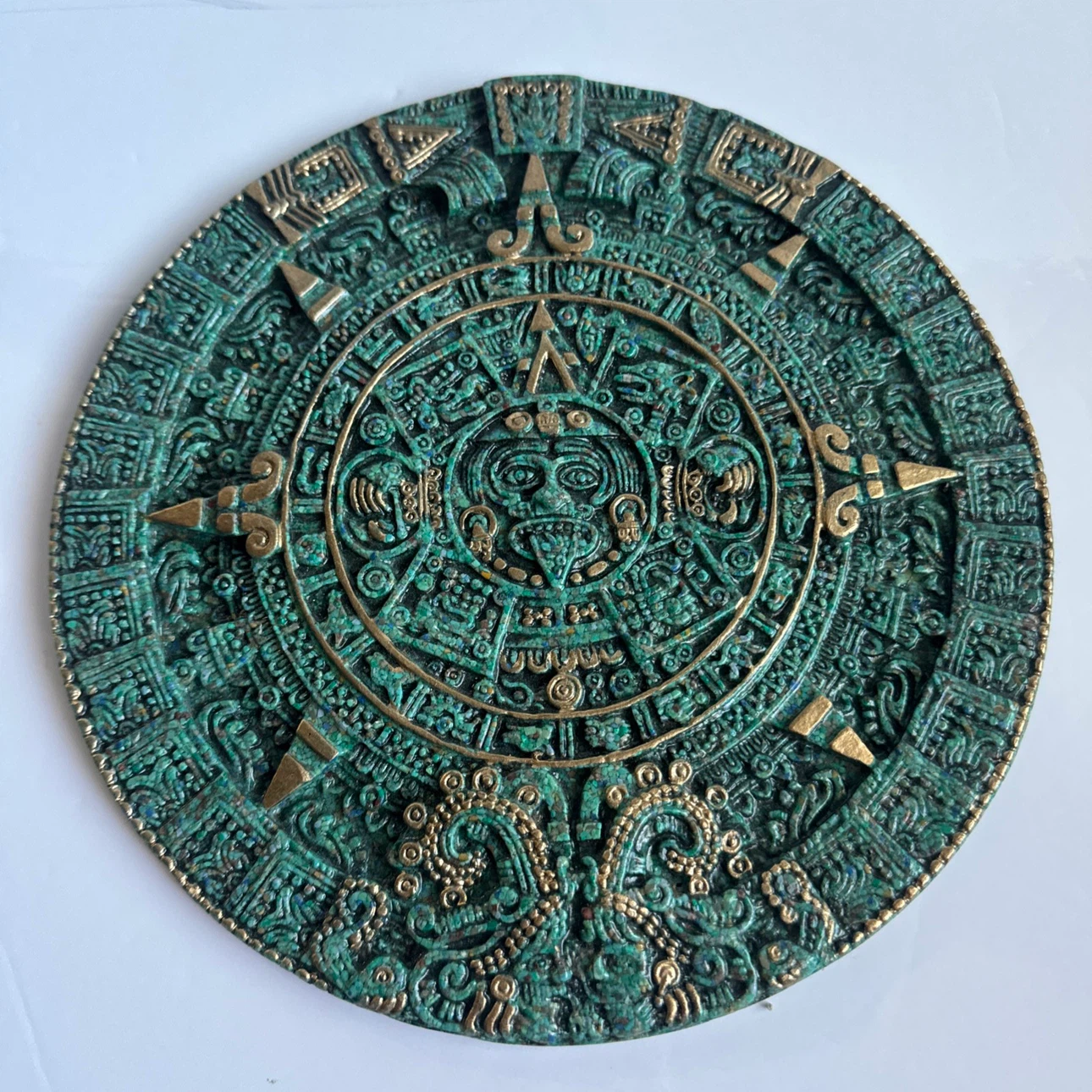 Aztec Calendar Sun God Art Faux Stone Gold Green Wall Plaque 10"