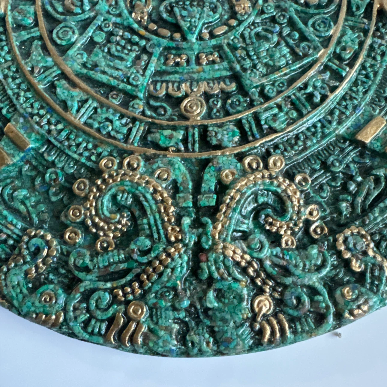 Aztec Calendar Sun God Art Faux Stone Gold Green Wall Plaque 10" - photo 3