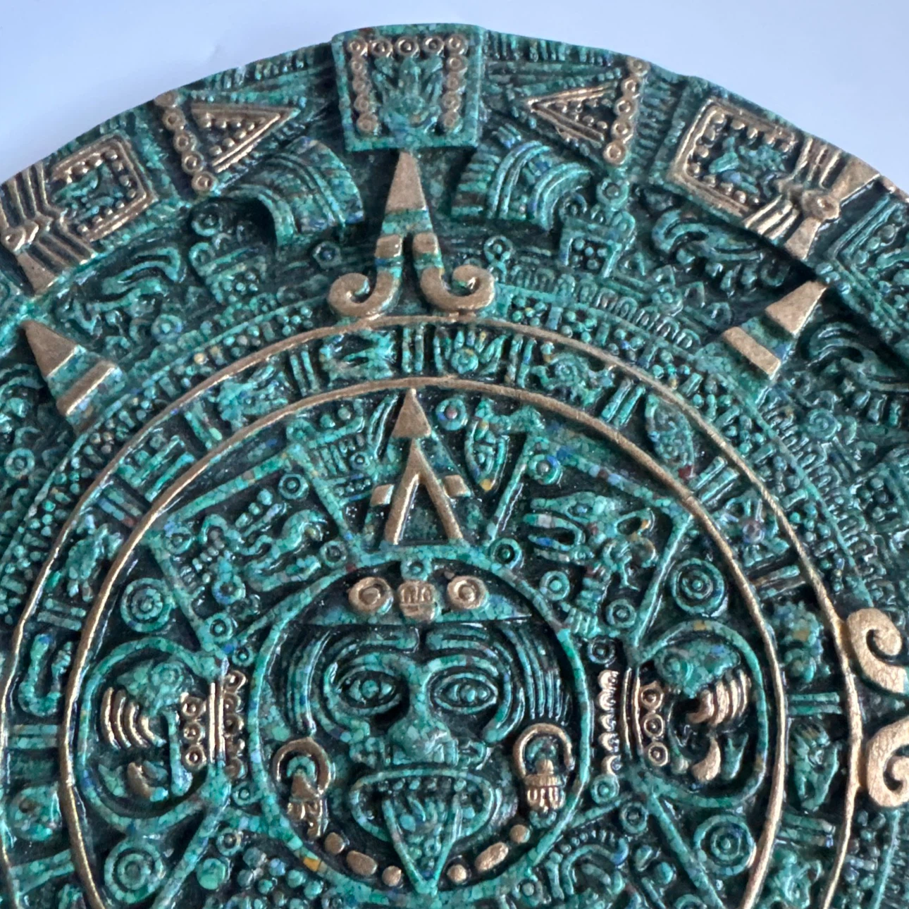 Aztec Calendar Sun God Art Faux Stone Gold Green Wall Plaque 10" - photo 4
