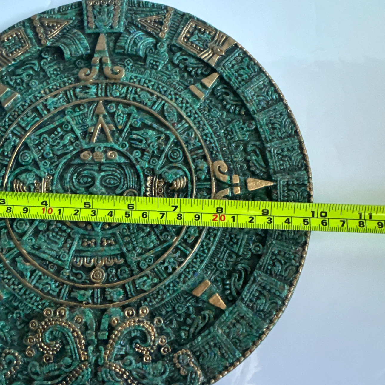 Aztec Calendar Sun God Art Faux Stone Gold Green Wall Plaque 10" - photo 5