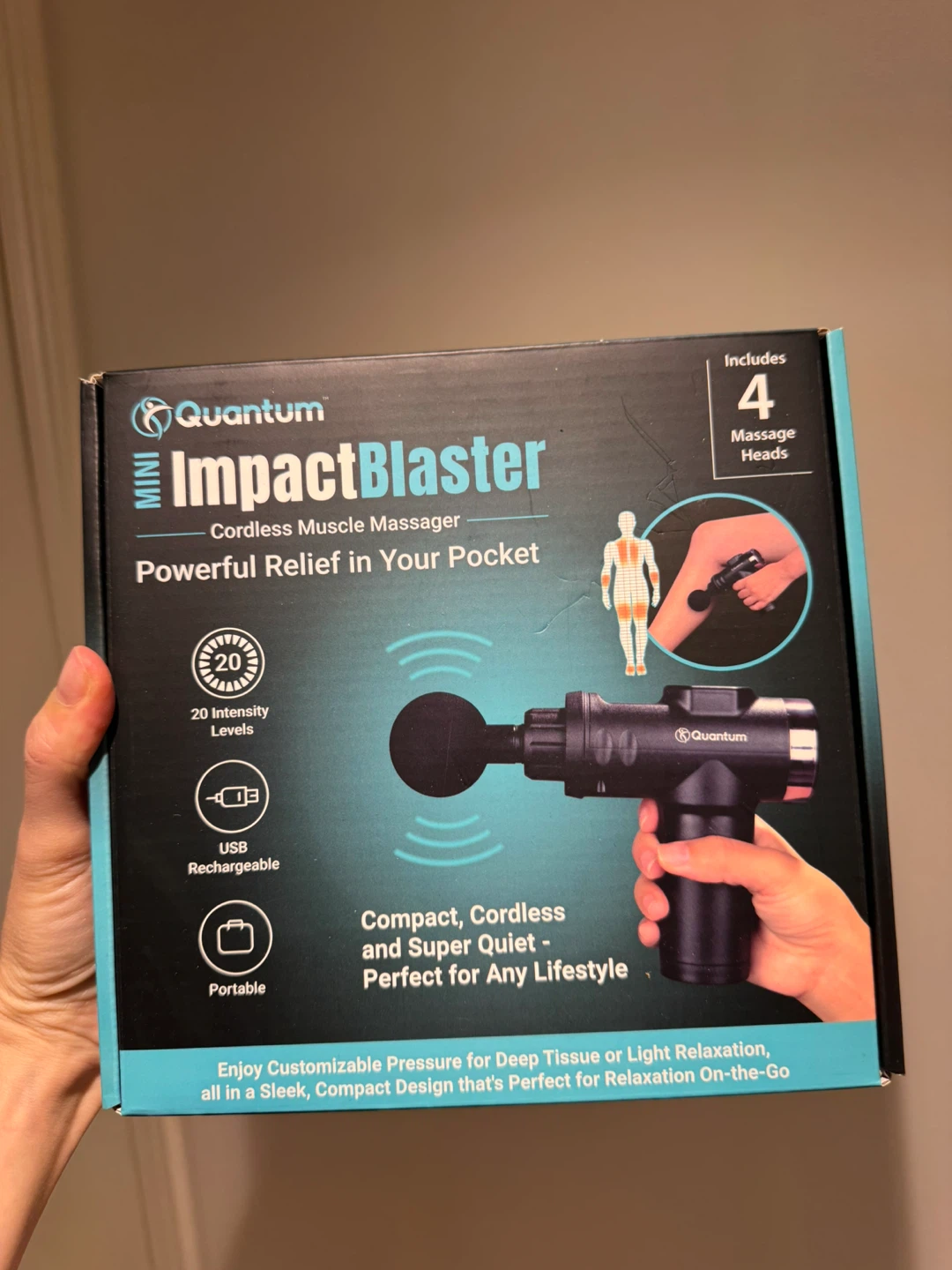 Brand New Quantum Mini Massage Gun – 20 Speeds & 4 Heads