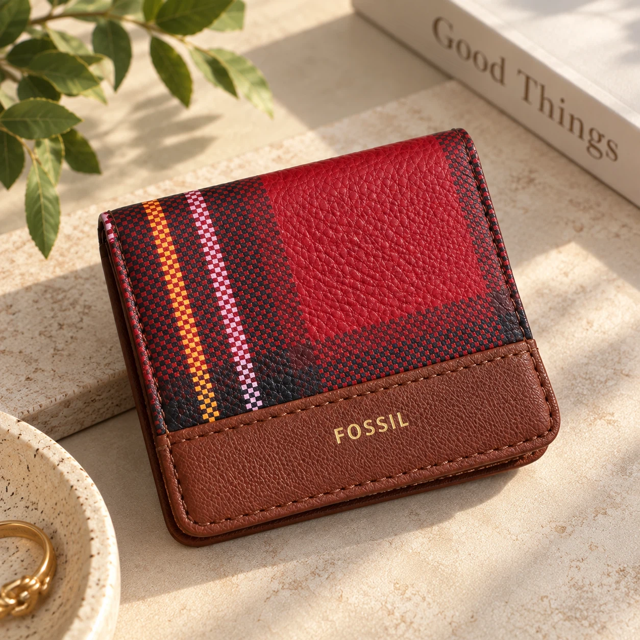 Fossil Compact Wallet / Card Holder – Brown & Red Plaid