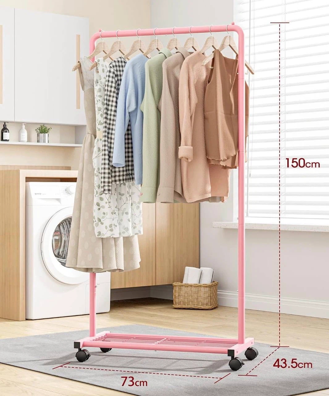 Pink Rolling Clothing Rack with Bottom Shelf