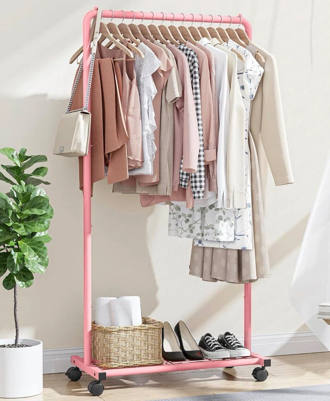 Pink Rolling Clothing Rack with Bottom Shelf - photo 5