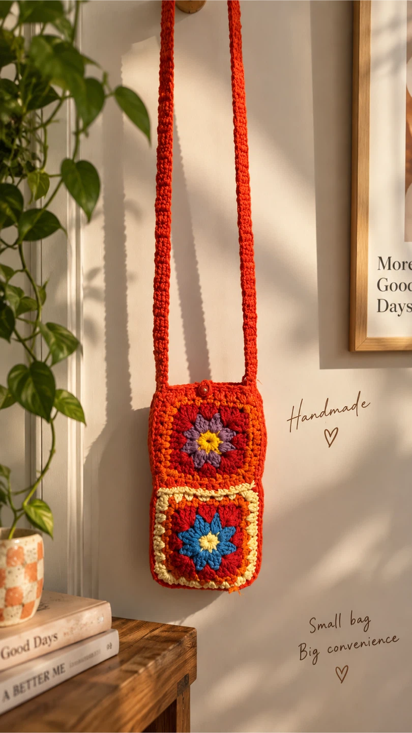 Handmade Crochet Crossbody Phone Bag – Colorful Granny Square