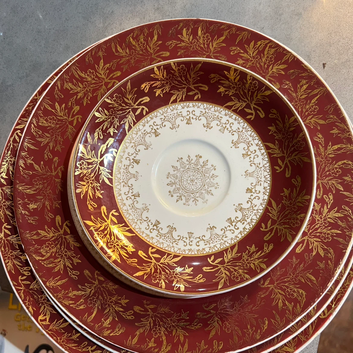 Set of 3 Vintage Red and Gold Ceramic Plates