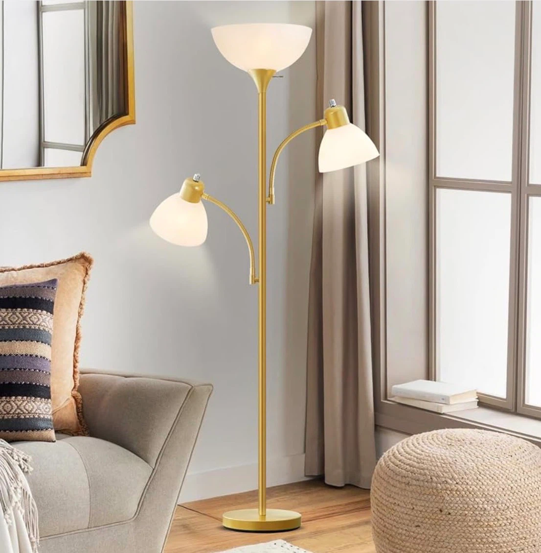 3-Light Brass Floor Lamp with Frosted Glass Shades - photo 3