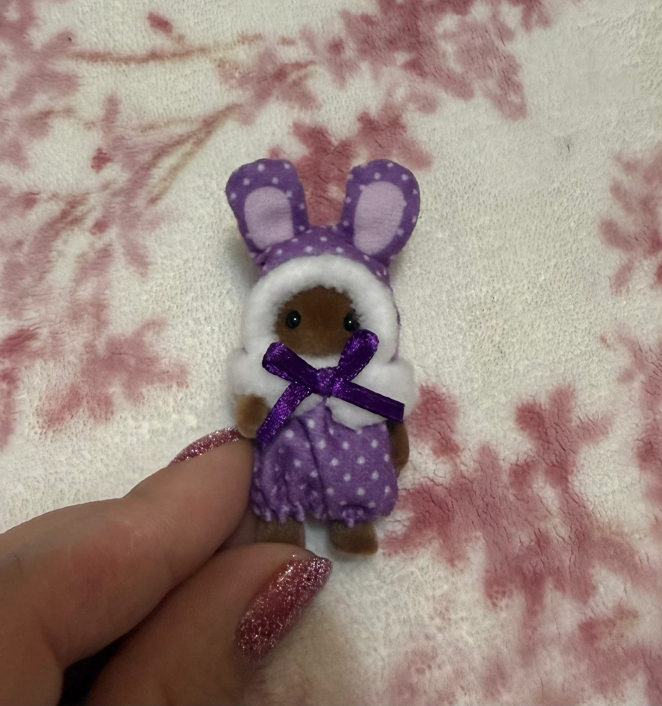 Calico Critters Baby Figure in Purple Polka Dot Outfit