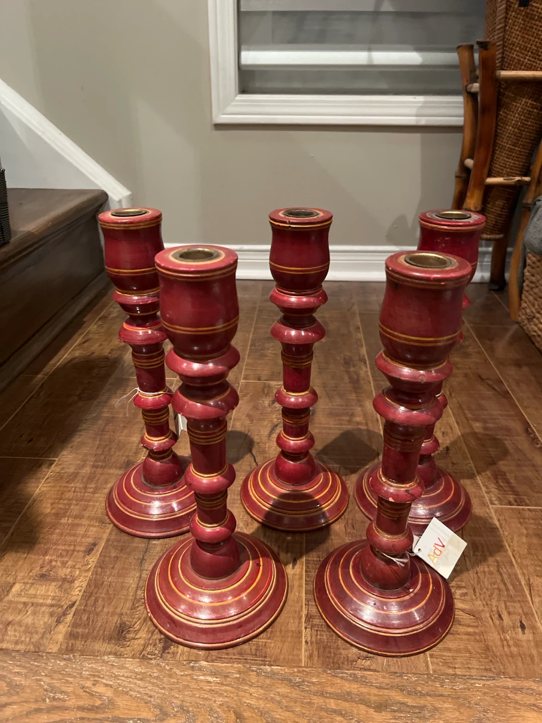 Set of 5 Red Painted Wooden Candlesticks