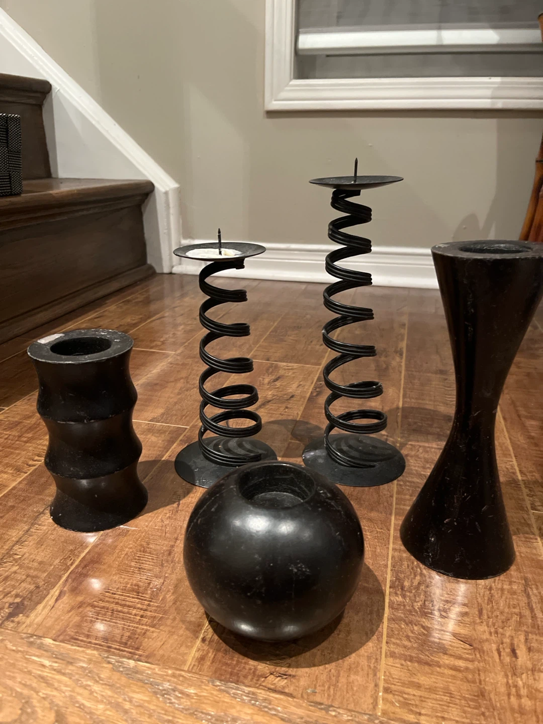 Set of 5 Black Candle Holders wood and metal