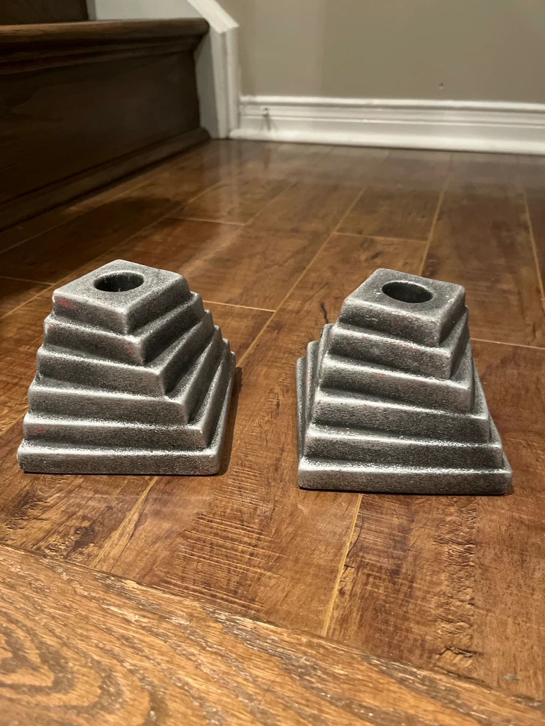 Set of Two Silver Pyramid Candle Holders