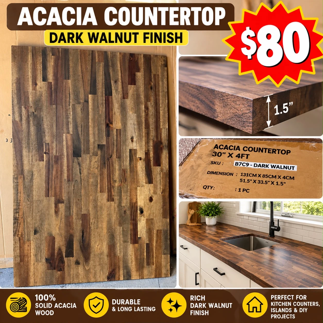 Solid Acacia Wood Countertop - Dark Walnut Finish