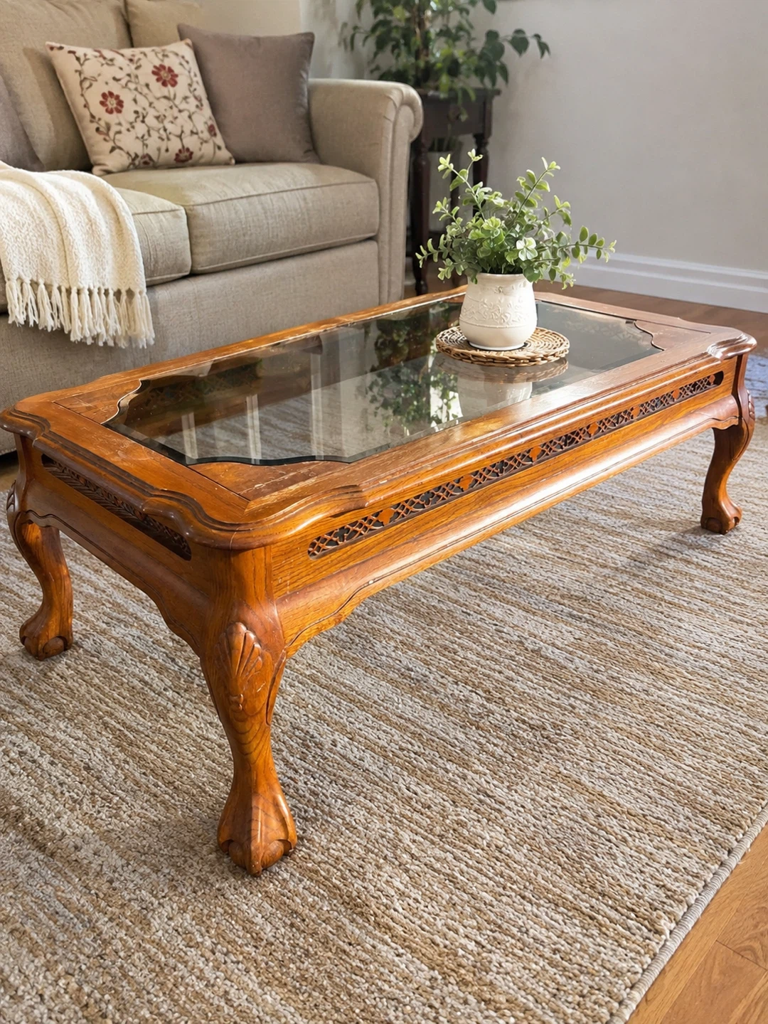 Vintage Carved Wood & Glass Coffee Table – Ornate Claw Feet
