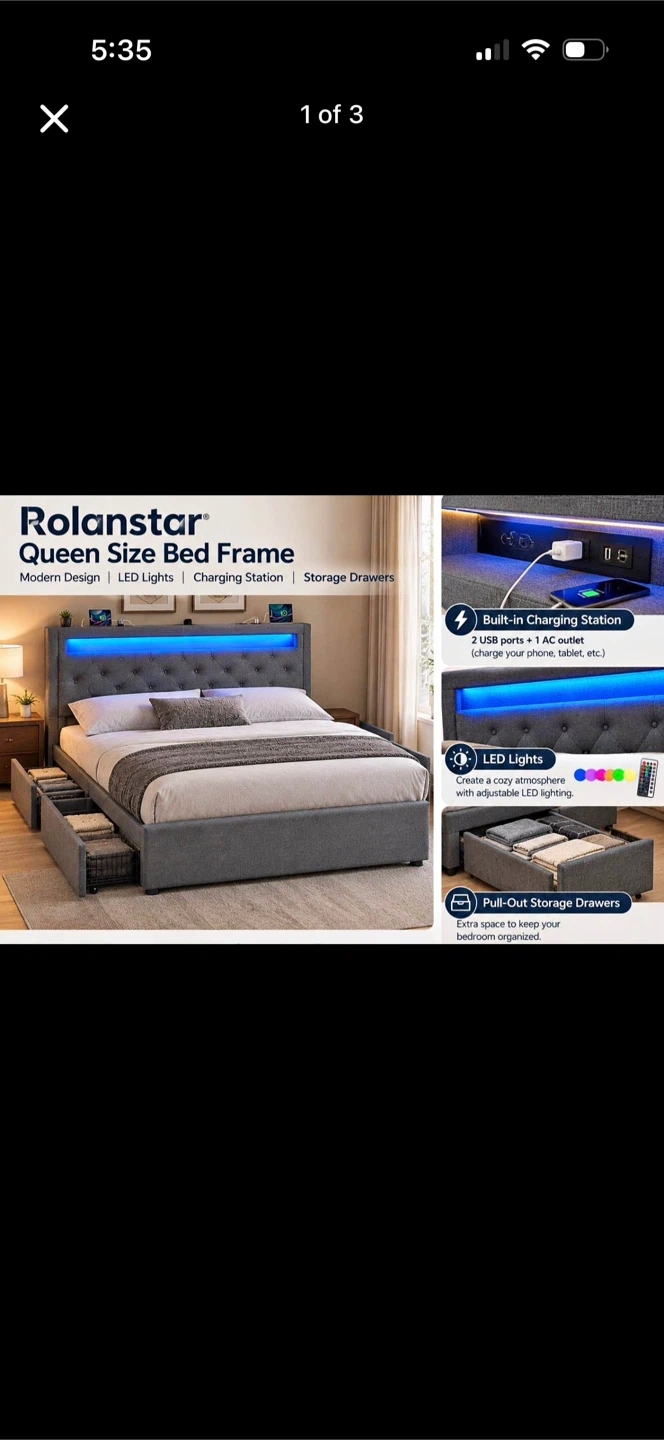Rolanstar Queen Size Bed Frame with LED Lights and Storage