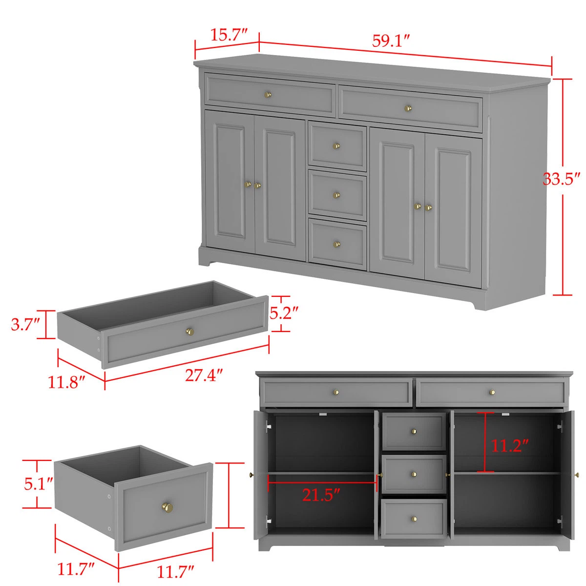 Grey Sideboard Buffet Cabinet with Drawers - photo 3
