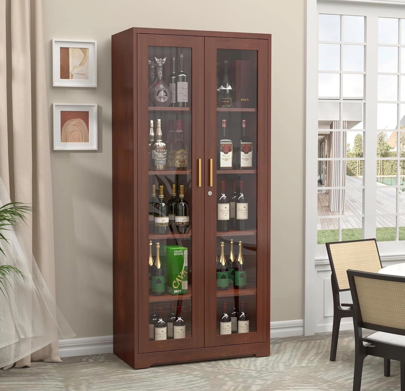Tall Wooden Display Cabinet with Glass Doors