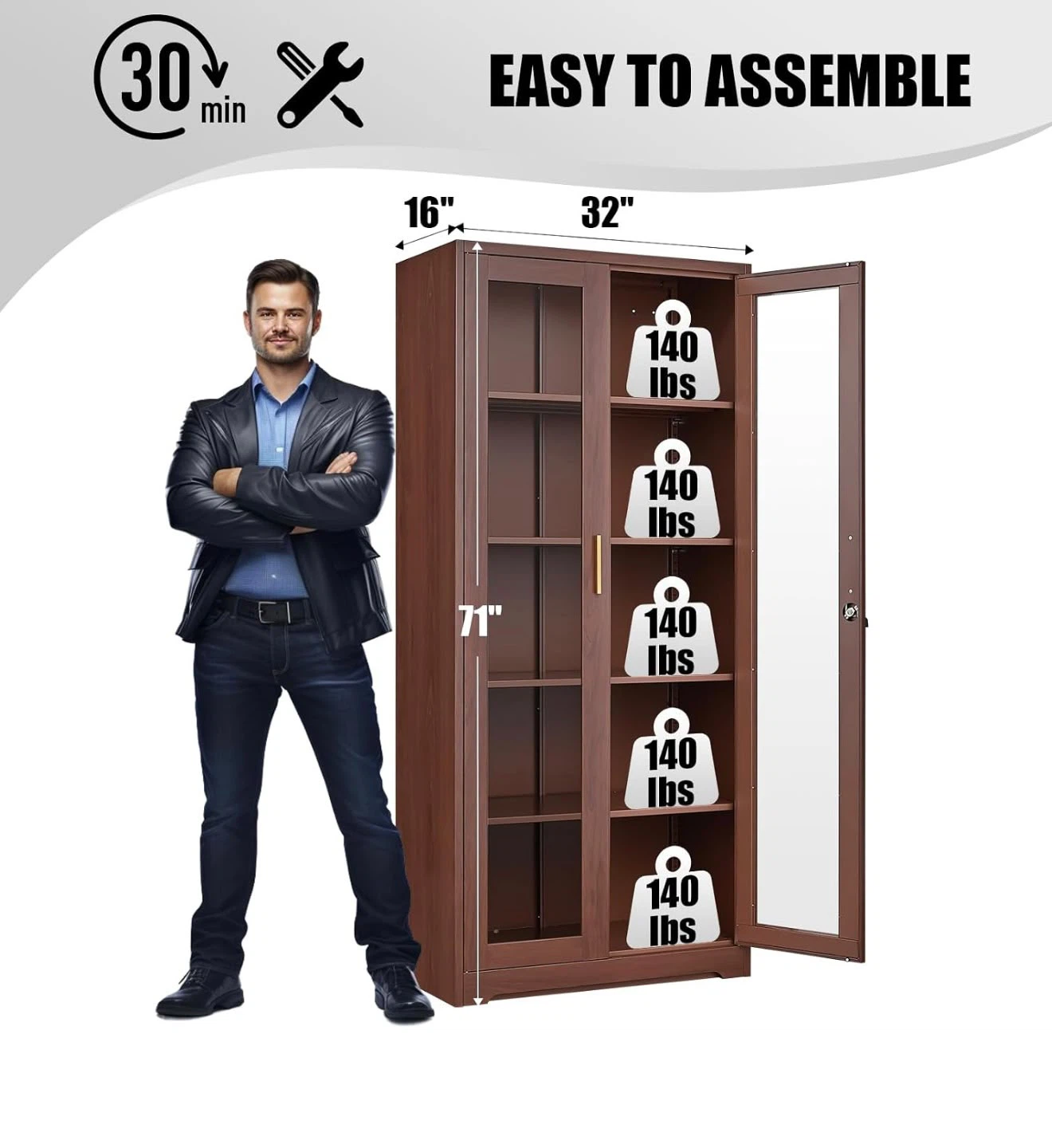 Tall Wooden Display Cabinet with Glass Doors - photo 5