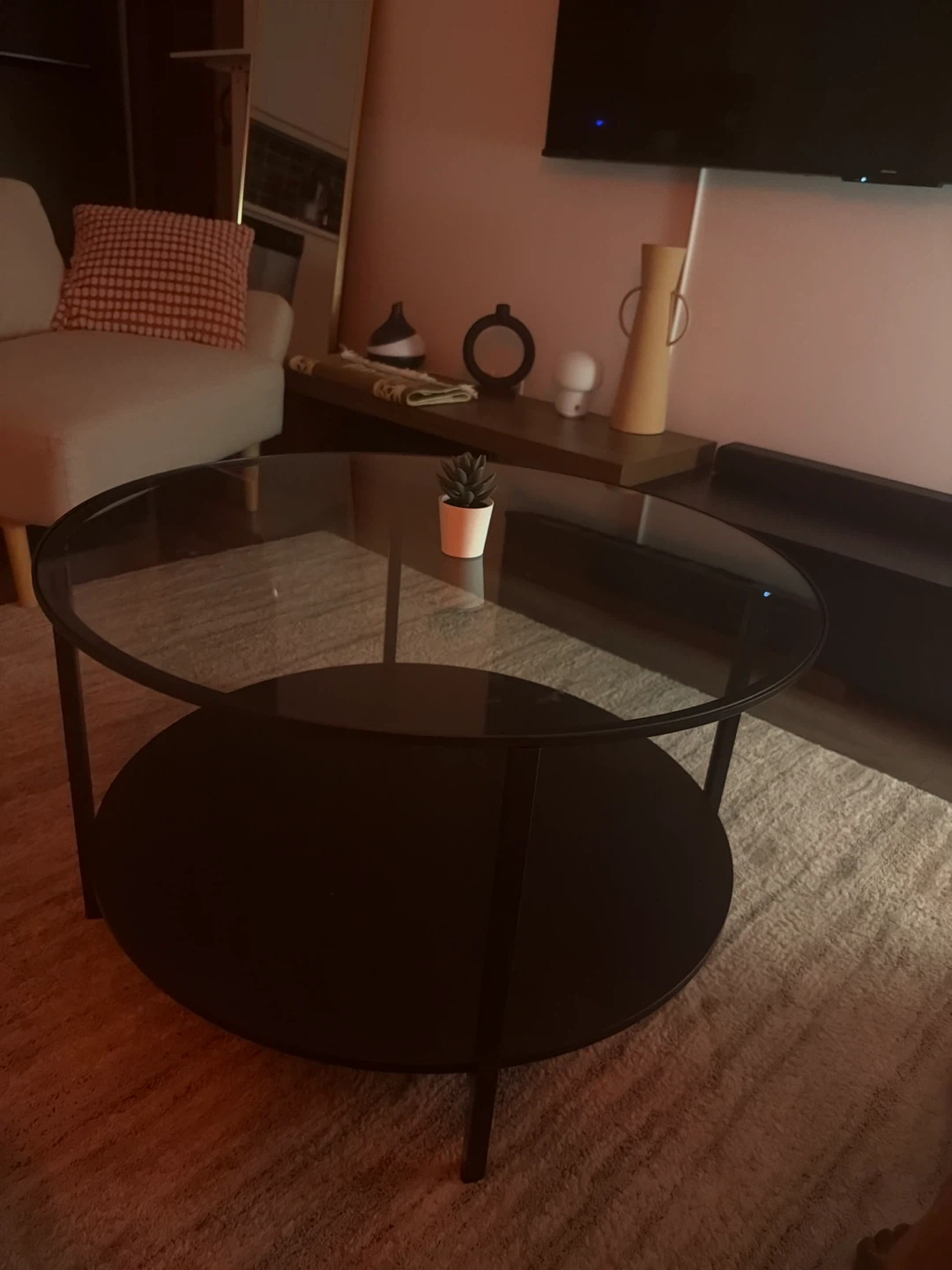 Round Glass Coffee Table with Lower Shelf