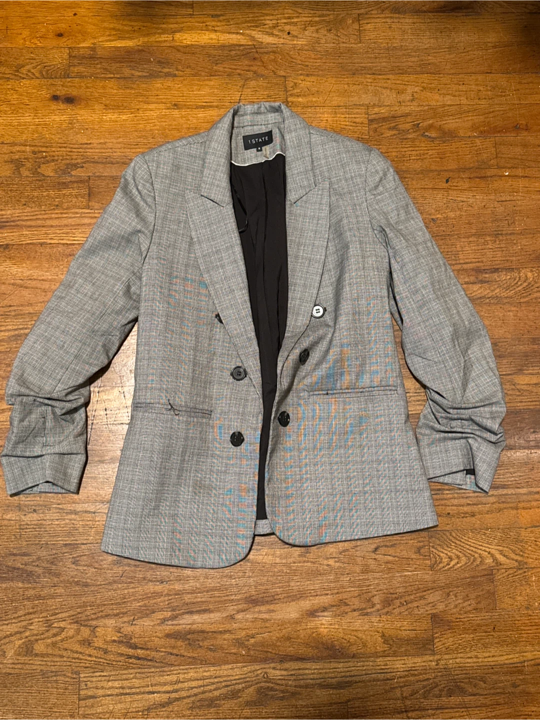 1.STATE Plaid Double-Breasted Blazer