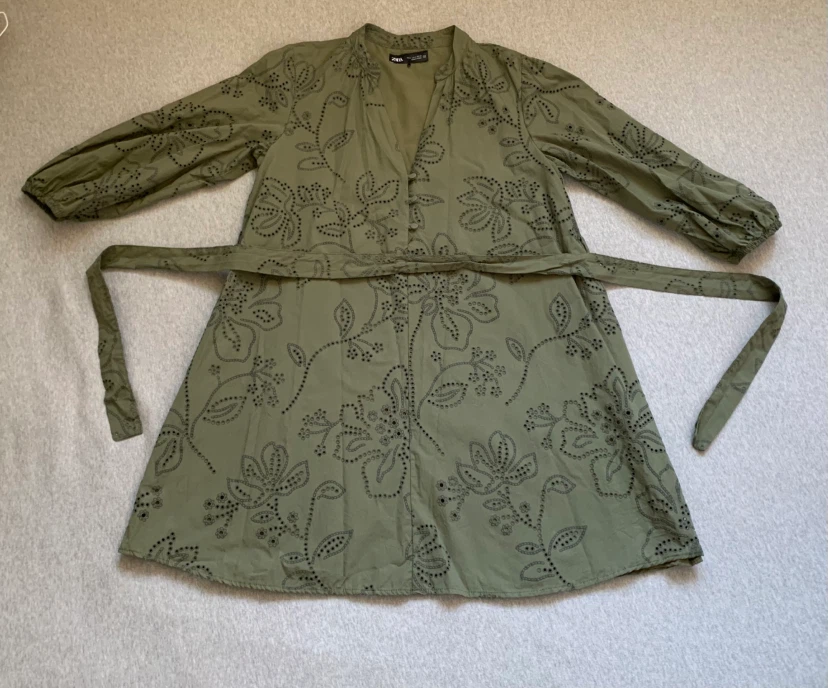 Zara Olive Green Embroidered Eyelet Dress - Size Small