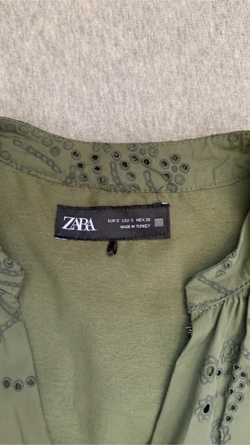 Zara Olive Green Embroidered Eyelet Dress - Size Small - photo 3