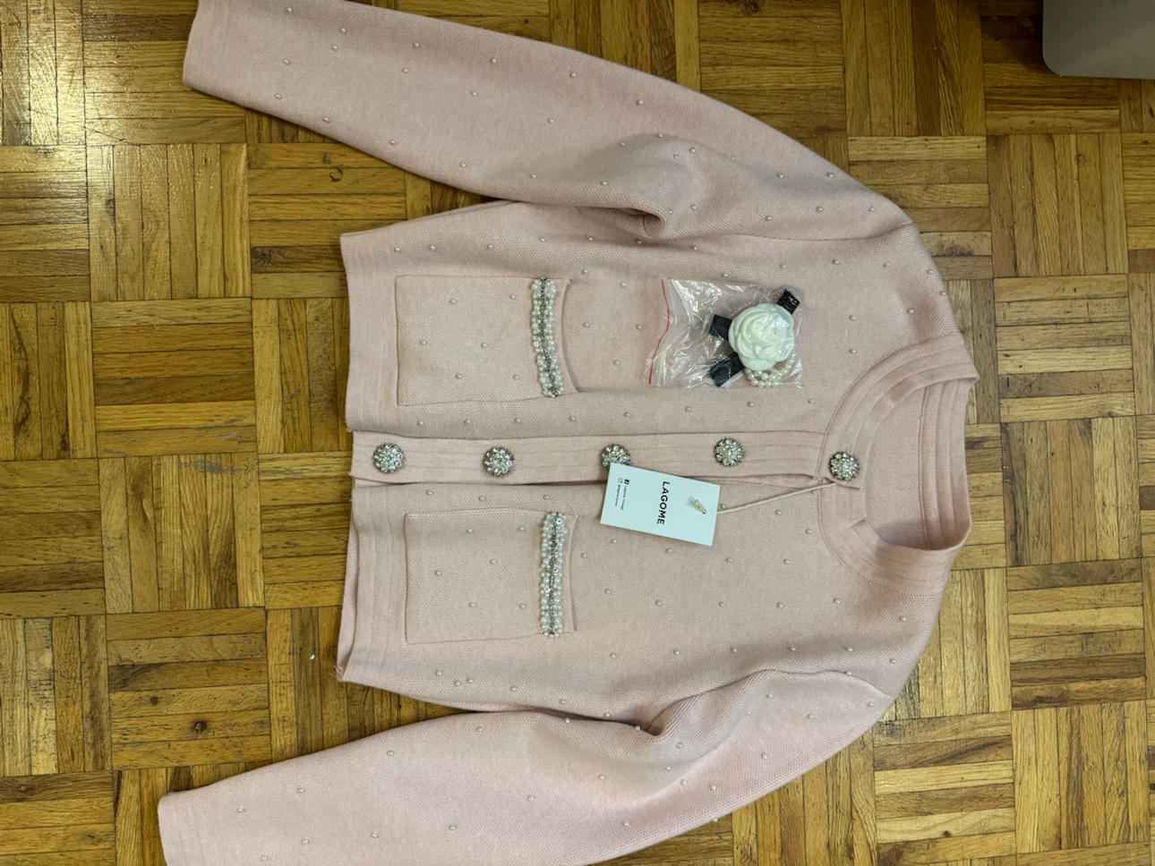 Lagome Pink Knit Cardigan with Pearls