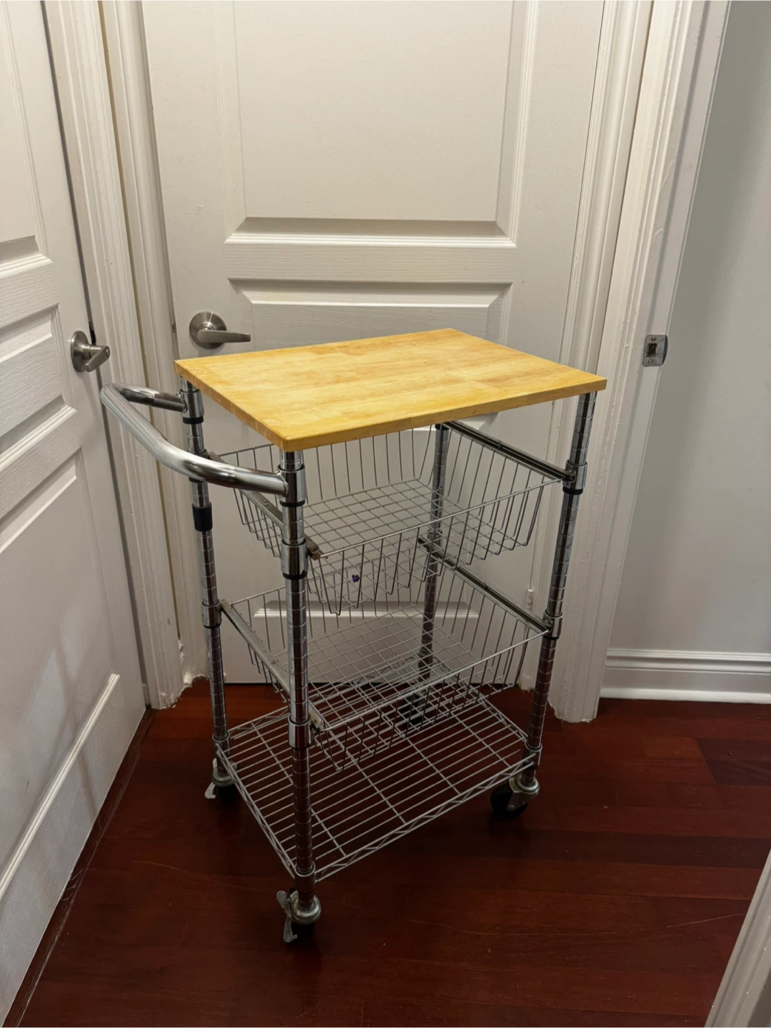 Chrome Kitchen Rolling Cart with Wooden Top