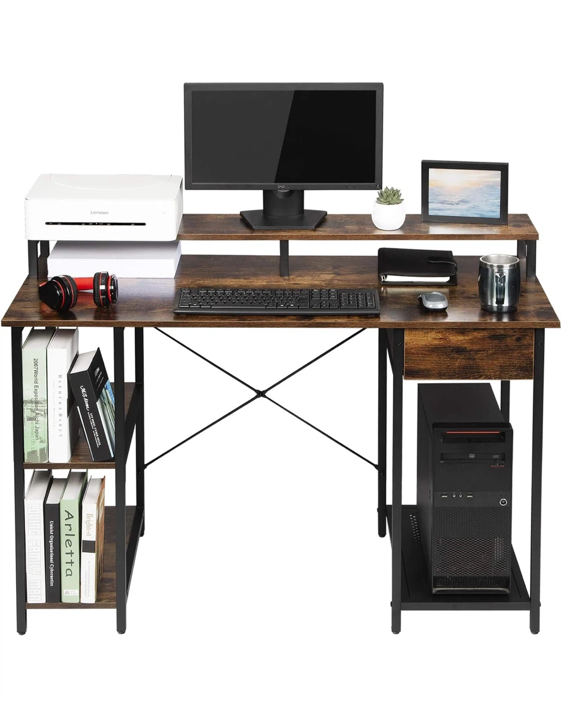 Industrial Computer Desk with Shelves and Drawer