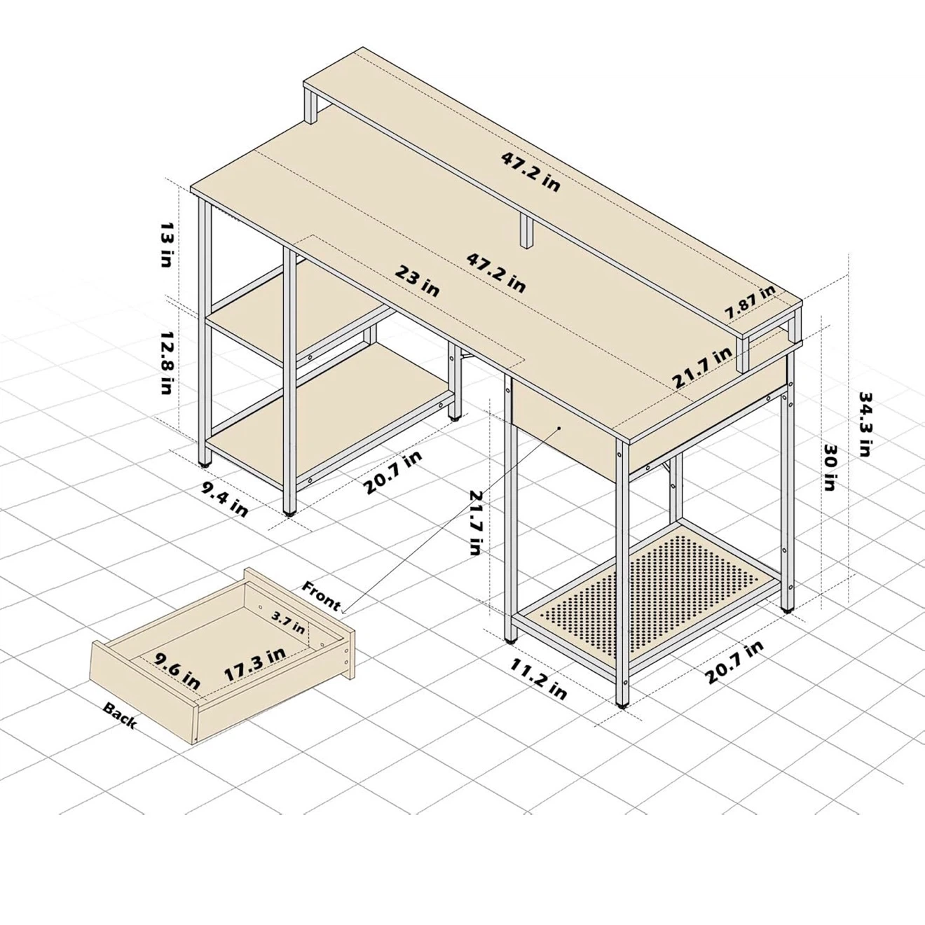 Industrial Computer Desk with Shelves and Drawer - photo 2