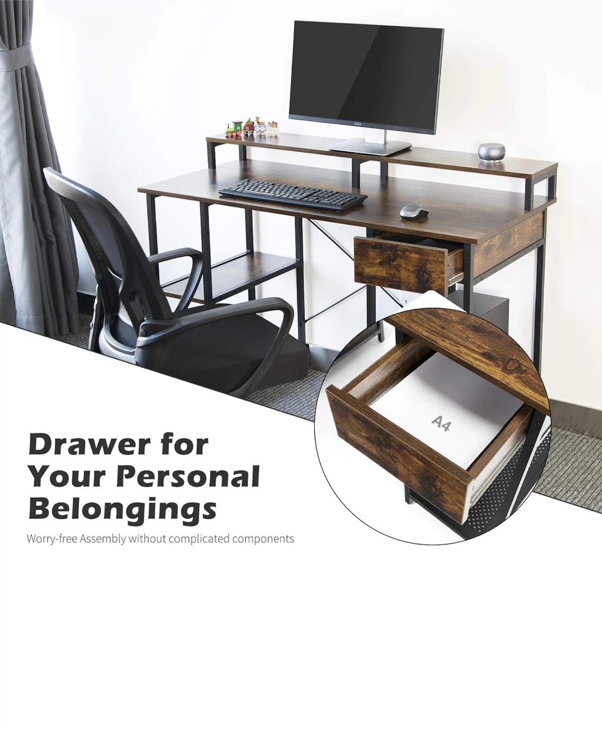 Industrial Computer Desk with Shelves and Drawer - photo 3