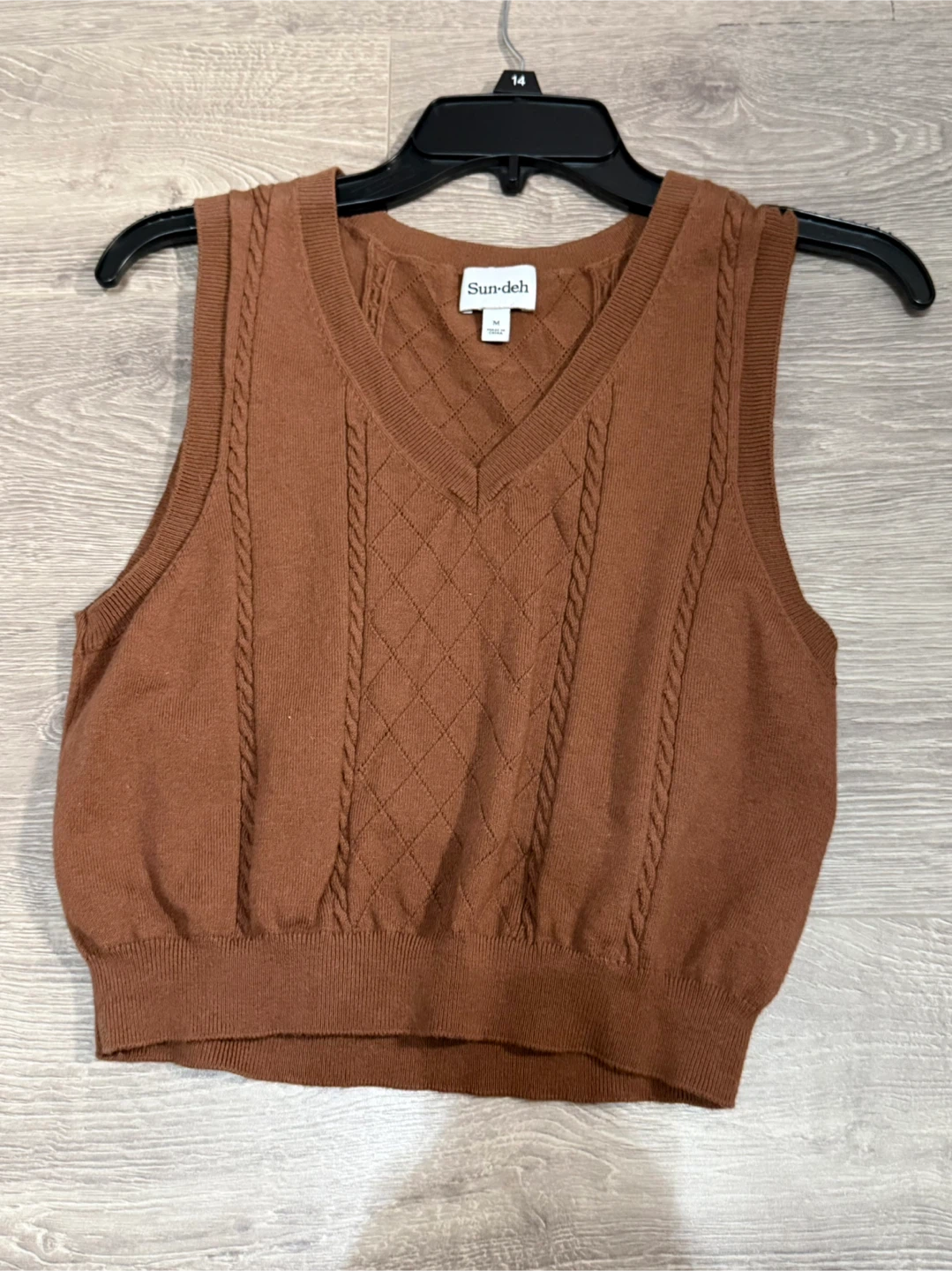 Sun-deh Brown V-Neck Cable Knit Sweater Vest