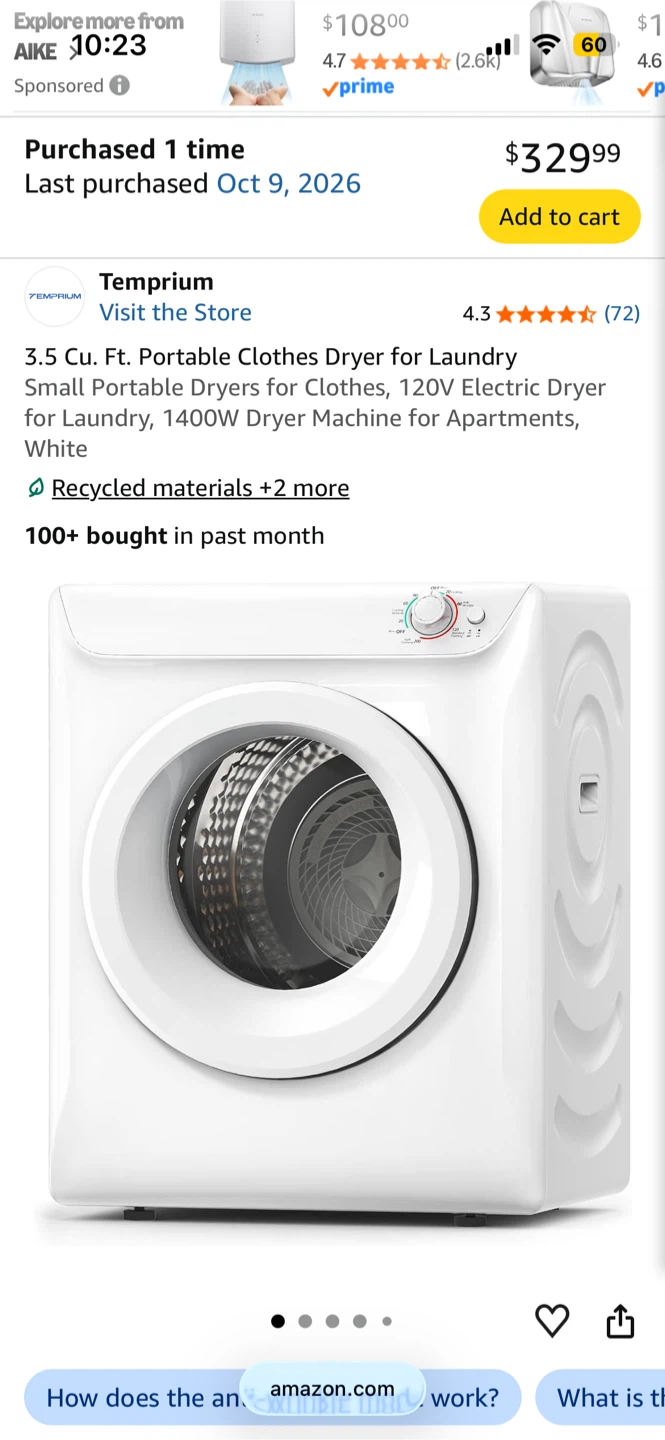 Temprium 3.5 Cu. Ft. Portable Clothes Dryer
