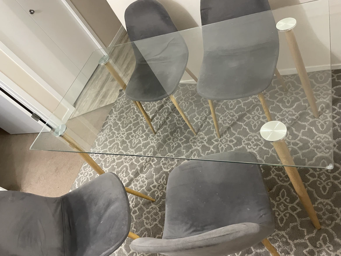 Glass Dining Table with 4 Grey Velvet Chairs - photo 2