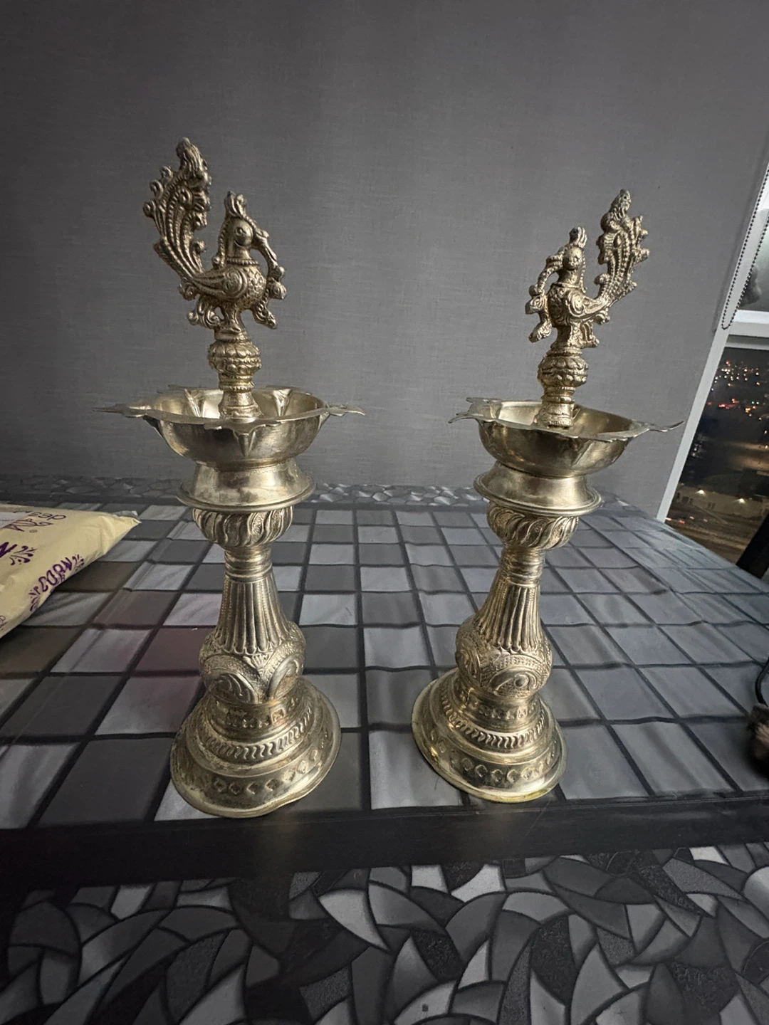 Pair of German silver Peacock Diya Lamps