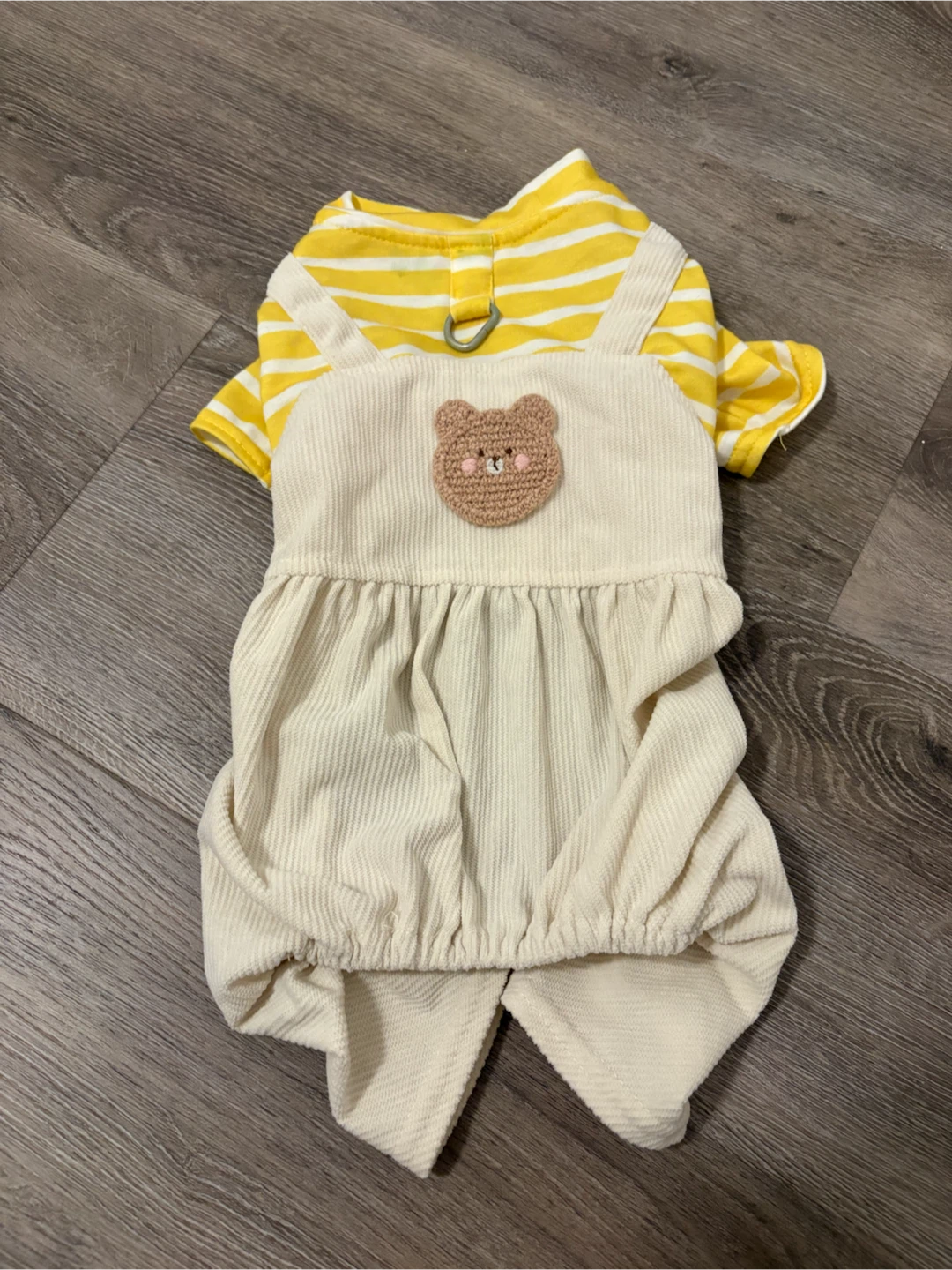 Yellow striped pet outfit with bear detail  (Under 4kg)
