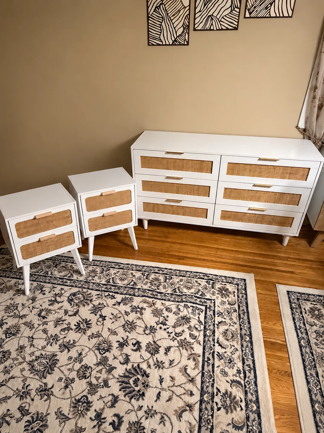 White and Rattan Dresser and Nightstands Set