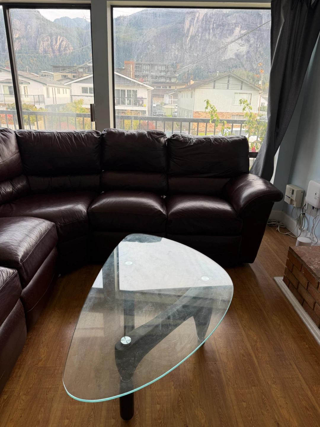 Dark Brown Leather Sectional Sofa + Glass table