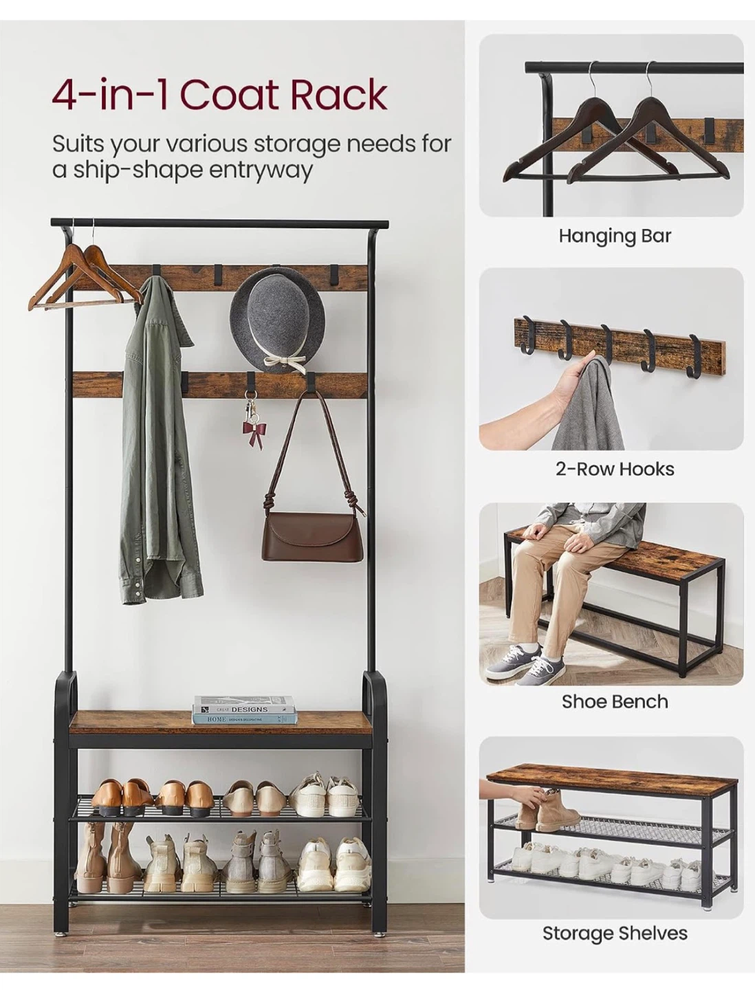 4-in-1 Entryway Coat Rack and Shoe Bench - photo 2