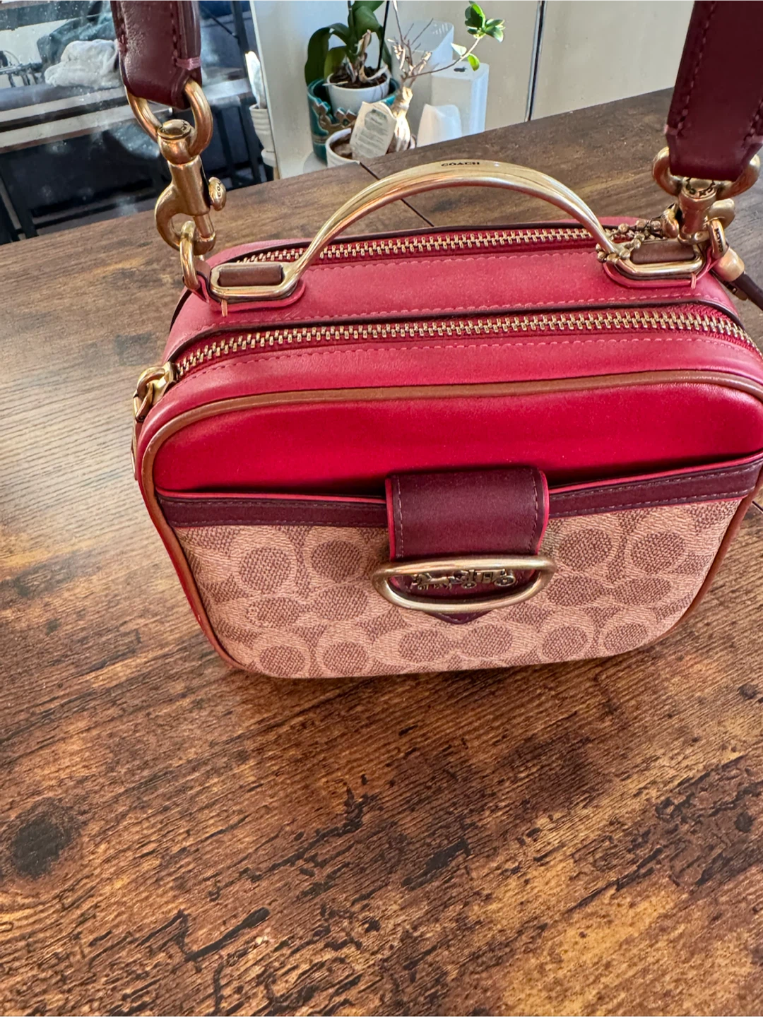 Coach Red Leather and Logo Print Crossbody Bag