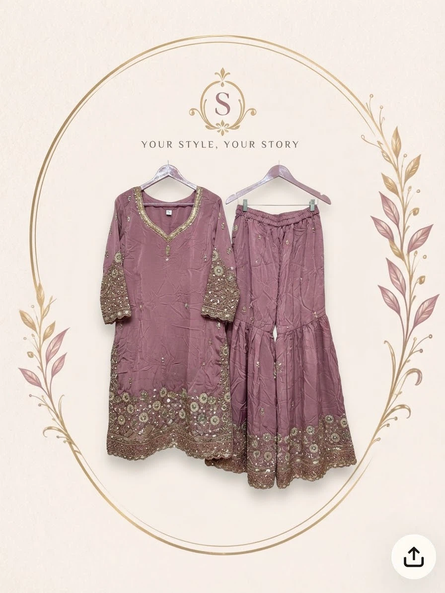 10% off Mauve Embroidered Sharara Set