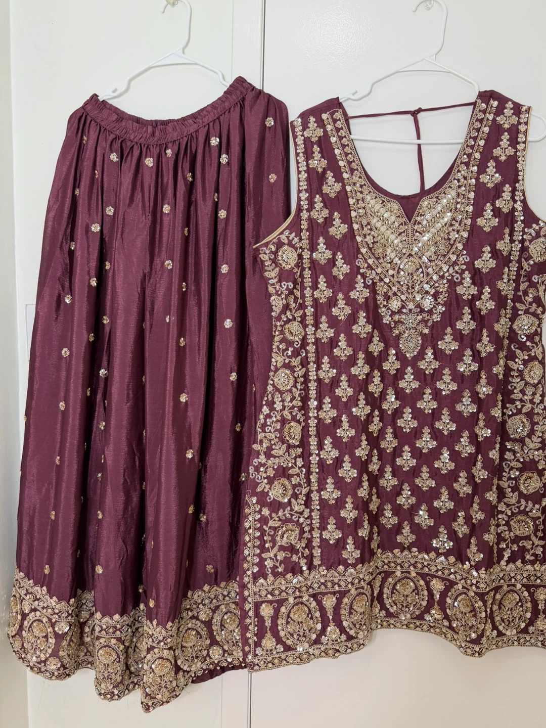 Embroidered Maroon Kurta and Skirt Set