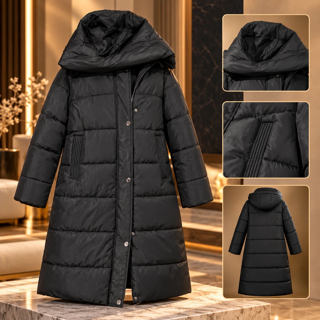Black Long Puffer Coat with Hood XXL - New